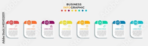 Minimal Business Infographics template. Timeline with 8 eight steps, options and marketing icons .Vector linear infographic with two circle conected elements. Can be use for presentation. Eps10 vector