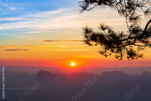 Sunrise and the mist in winter Landscape  view from top of mountain at Phu Kradueng  Loei Province  Thailand