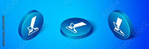 Isometric Hermes sandal icon isolated on blue background. Ancient greek god Hermes. Running shoe with wings. Blue circle button. Vector.