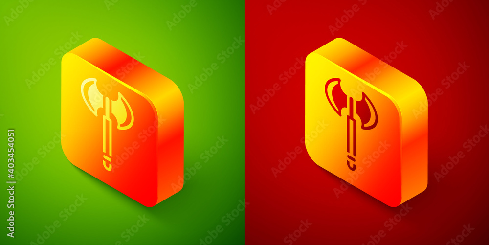 Isometric Medieval axe icon isolated on green and red background. Battle axe, executioner axe. Medieval weapon. Square button. Vector. Isometric Medieval axe icon isolated on green and red background. Battle axe, executioner axe. Medieval weapon. Square button. Vector.