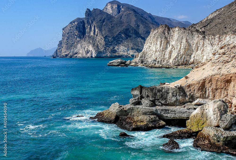 High cliffs rise above the Indian Ocean in the extreme south of Oman near the border with Yemen