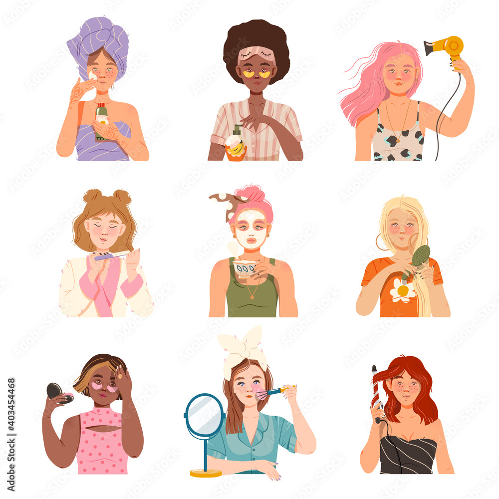 Girls Applying Cosmetic Cream, Brushing Hair and Putting on Make-up Vector Illustration Set Girls Applying Cosmetic Cream, Brushing Hair and Putting on Make-up Vector Illustration Set
