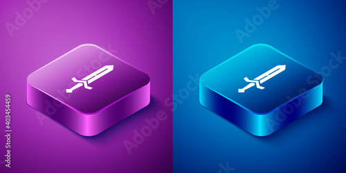 Isometric Medieval sword icon isolated on blue and purple background. Medieval weapon. Square button. Vector.