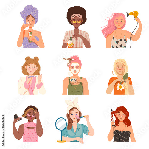 Girls Applying Cosmetic Cream, Brushing Hair and Putting on Make-up Vector Illustration Set