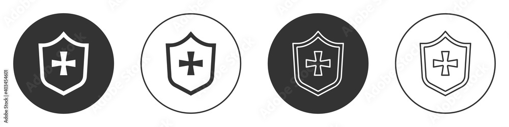 Black Shield icon isolated on white background. Guard sign. Security, safety, protection, privacy concept. Circle button. Vector. Black Shield icon isolated on white background. Guard sign. Security, safety, protection, privacy concept. Circle button. Vector.