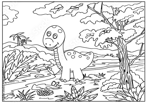 Kids coloring page. Children drawing of a cute dinosaur. Landscape with a dinosaur. Activity page for book. Funny pencil paint. Education worksheet. Vector illustration.