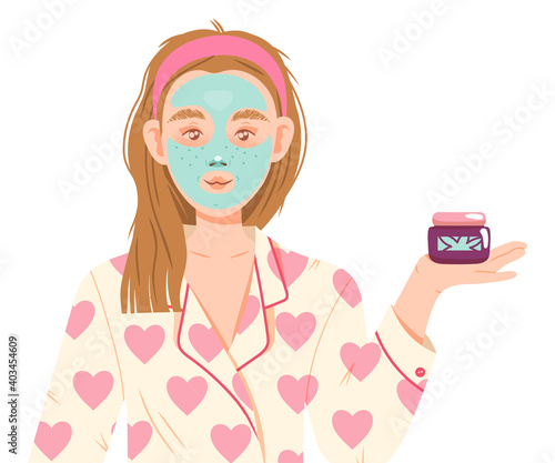 Girl in Bathrobe with Applied Cosmetic Facial Mask Vector Illustration