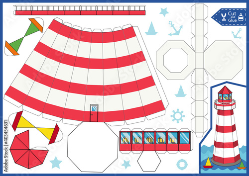 Cut and glue the paper 3d lighthouse. Children craft worksheet. Art game. Kids crafts activity page. Create toys yourself. 3d gaming puzzle. Sea birthday decor. Vector illustration.