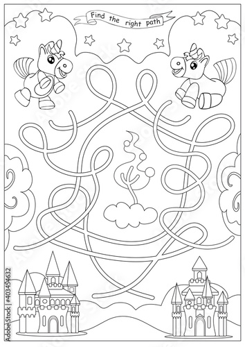 Kids maze coloring page. Children worksheet.  Kids game with cute unicorns. Activity page. Find the right path. Funny riddle. Education worksheet. Vector illustration.