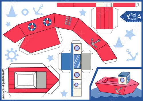 Cut and glue the paper 3d boat. Children craft worksheet. Art game. Kids crafts activity page. Create toys yourself. 3d gaming puzzle. Sea birthday decor. Vector illustration.