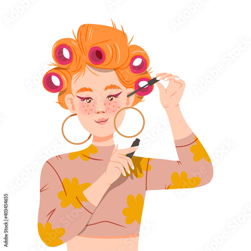Red-haired Girl with Hair Curlers Putting on Mascara Vector Illustration