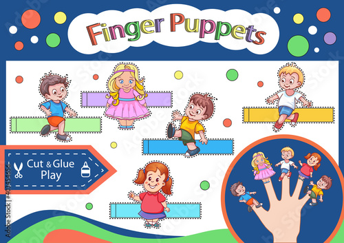 Finger puppets. Cut and glue the paper cute dolls kids characters. Worksheet with children art game. Crafts activity page. Create toys yourself. 3d gaming puzzle. Kids decor. Vector illustration.