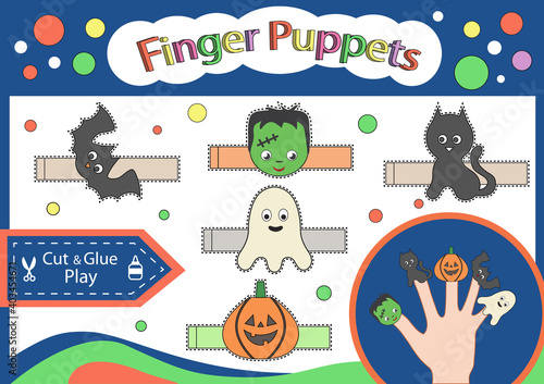 Finger puppets halloween. Cut and glue the paper cute Halloween characters. Children Worksheet with art game. Kids crafts activity page. Create toys. 3d gaming puzzle. Halloween decor. Vector illu