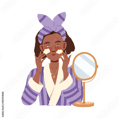 Girl in Headband Applying Cosmetic Cream on Her Face Vector Illustration