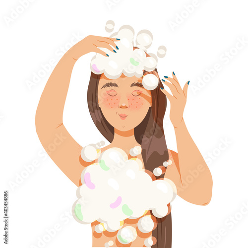 Young Girl in Bathroom Washing Hair and Taking Shower Vector Illustration