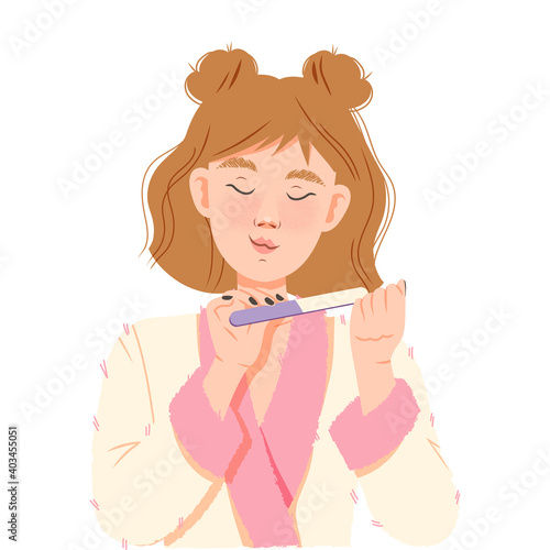 Young Girl in Bathrobe Filing Fingernails Vector Illustration
