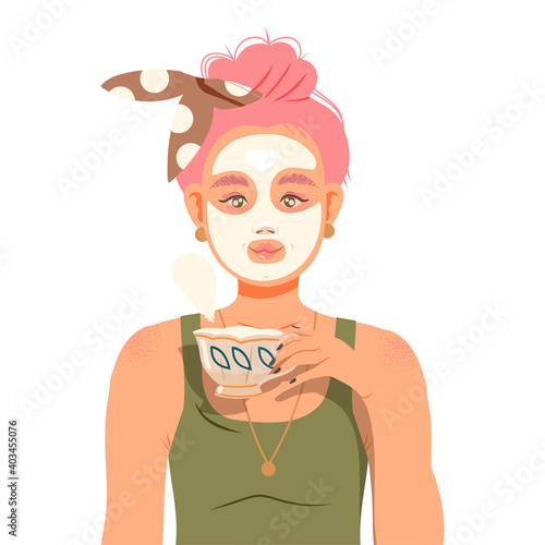 Girl with Applied Cosmetic Facial Mask Drinking Tea Vector Illustration