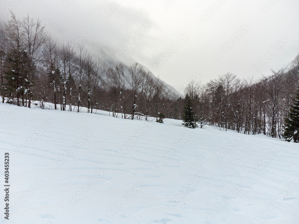 Naklejka premium During the snowfall in the mountains. View from above.