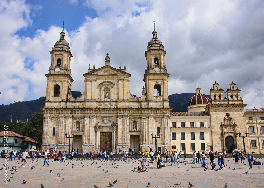 The neoclassical Primatial Cathedral (Catedral Primada) in Plaza Bolivar, Bogotá, Colombia