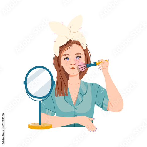 Freckled Girl with Headband Applying Cheek Colors with Brush Vector Illustration