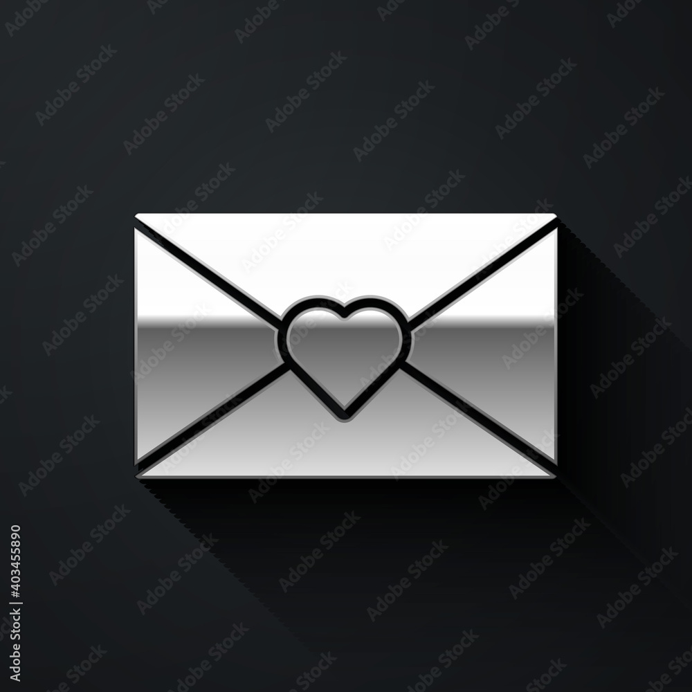 Silver Envelope with Valentine heart icon isolated on black background. Message love. Letter love and romance. Long shadow style. Vector. Silver Envelope with Valentine heart icon isolated on black background. Message love. Letter love and romance. Long shadow style. Vector.
