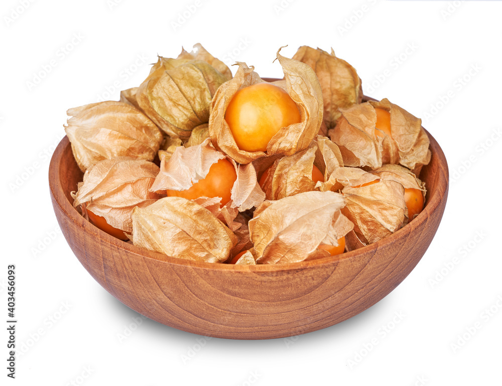 gooseberry or physalis berry in wooden bowl isolated on white background with clipping path gooseberry or physalis berry in wooden bowl isolated on white background with clipping path