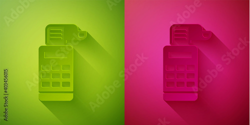 Paper cut Cash register machine with a check icon isolated on green and pink background. Cashier sign. Cashbox symbol. Paper art style. Vector.