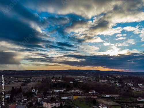 Sunset over the hills. View from above.