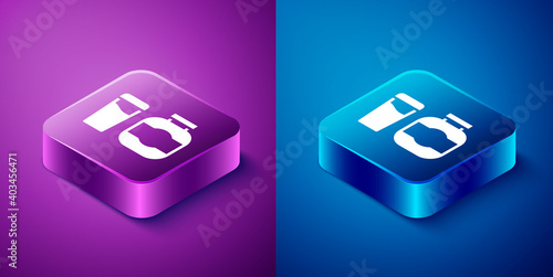 Isometric Sports nutrition bodybuilding proteine power drink and food icon isolated on blue and purple background. Square button. Vector.