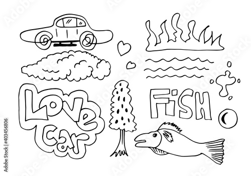 set of hand drawn elements  black on white background  car  clouds  trees  hearts  water and love car text for concept design.