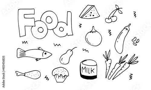 doodle food,fruits, vegetables with lettering in vector.
