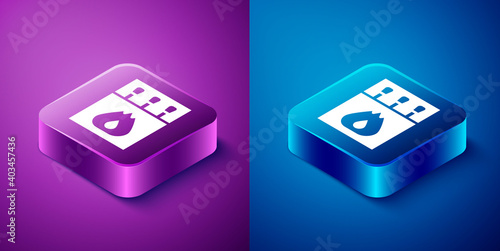 Isometric Open matchbox and matches icon isolated on blue and purple background. Square button. Vector.