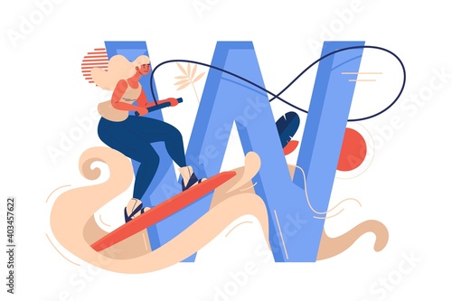 Wakeboarding woman with large letter W, water and rope isolated on white. Active female character riding wakeboard