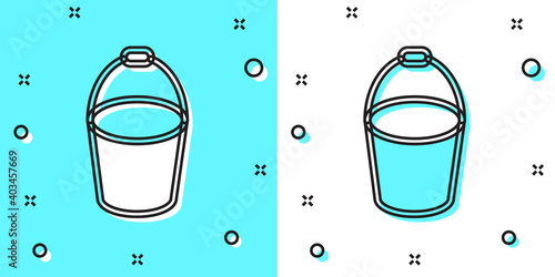 Black line Fire bucket icon isolated on green and white background. Metal bucket empty or with water for fire fighting. Random dynamic shapes. Vector.