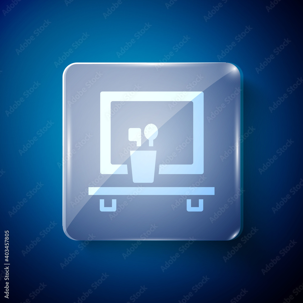 White Washbasin mirror icon isolated on blue background. Bathroom interior with a mirror. Square glass panels. Vector. White Washbasin mirror icon isolated on blue background. Bathroom interior with a mirror. Square glass panels. Vector.