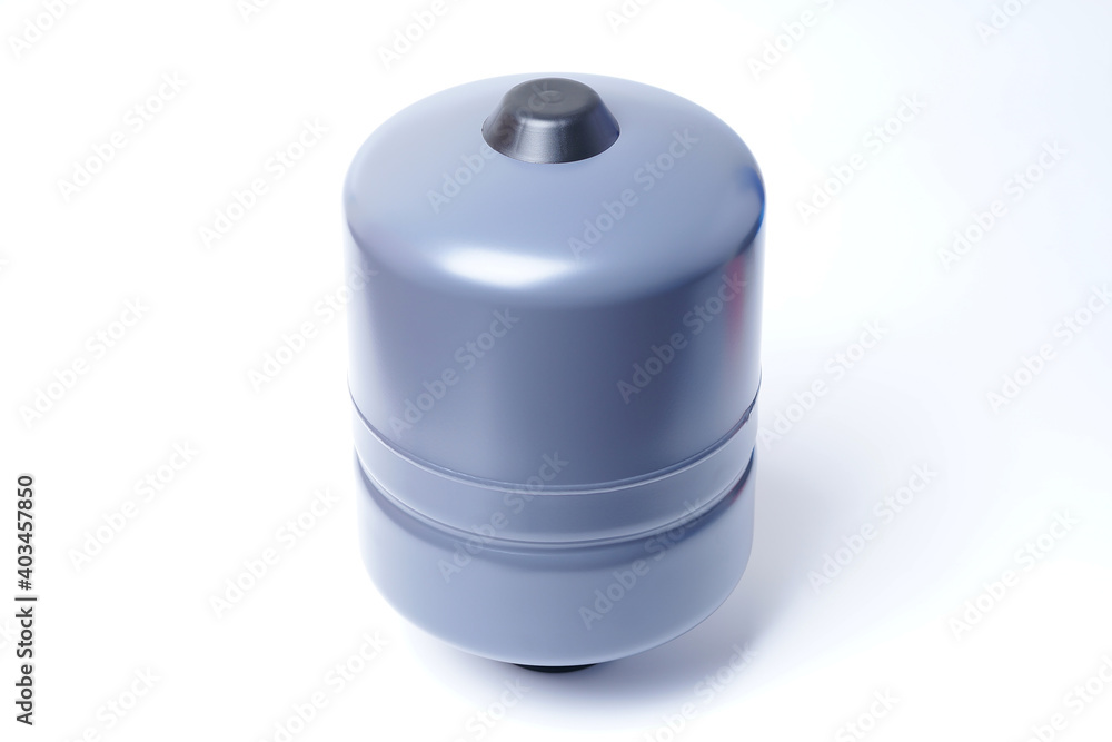 Membrane tank for water supply on a white background. The blue-gray hydraulic tank stands upright. Expansion tank with air valve on top. Membrane tank for water supply on a white background. The blue-gray hydraulic tank stands upright. Expansion tank with air valve on top.
