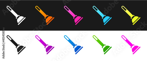 Set Rubber plunger with wooden handle for pipe cleaning icon isolated on black and white background. Toilet plunger. Vector.