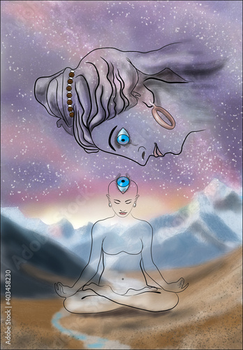 Meditating naked girl in padmasana lotus pose on mountains and night sky background and God's face above her
