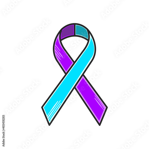 Suicide awareness teal purple ribbon. Flat style illustration. Isolated on white background. 