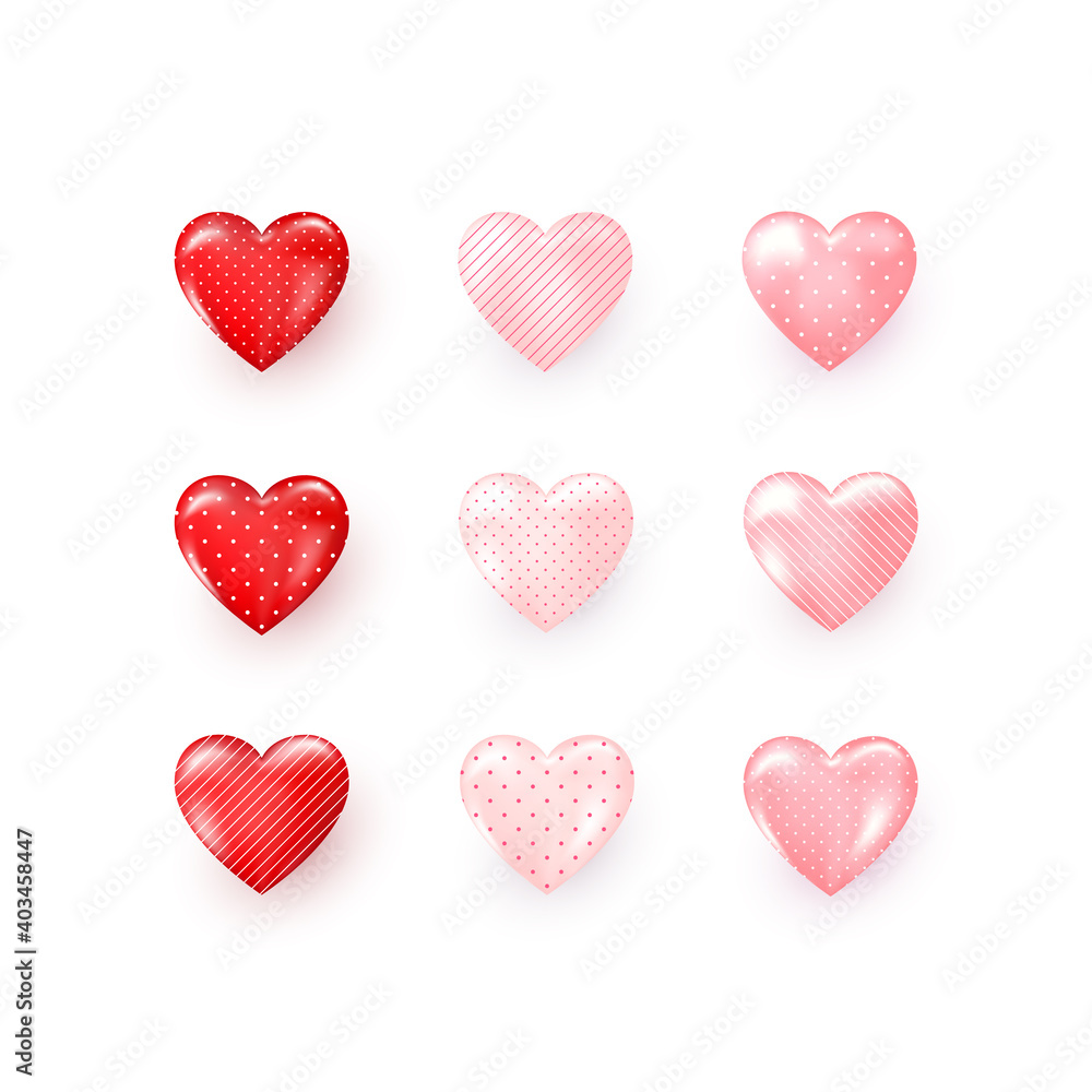 Set of red and pink decorative Hearts with shadow ornate dots and stripes. Stylized Hearts collection for greeting card on Valentines day or other templates. Abstract decoration element. Vector