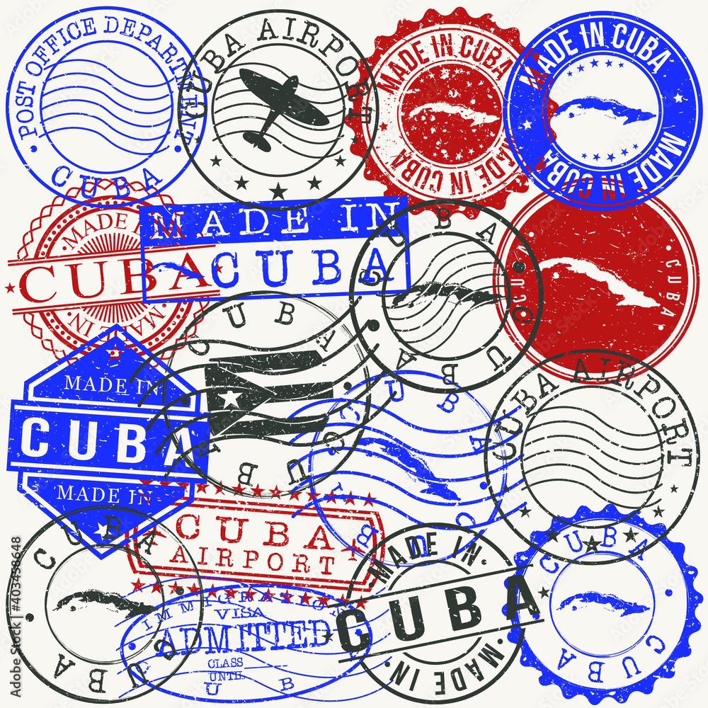 Cuba Set of Stamps. Travel Passport Stamps. Made In Product. Design Seals in Old Style Insignia. Icon Clip Art Vector Collection.