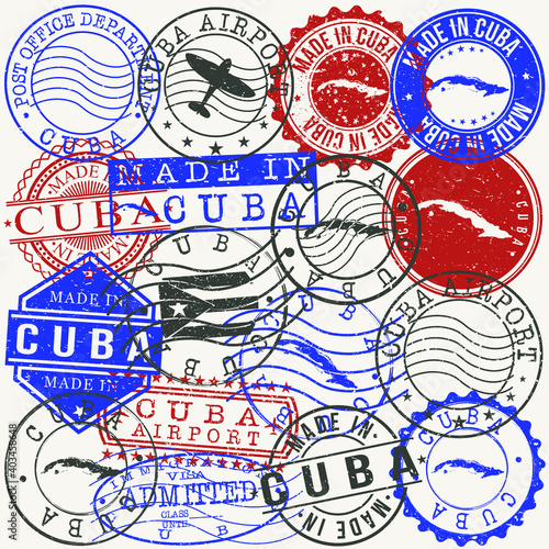 Cuba Set of Stamps. Travel Passport Stamps. Made In Product. Design Seals in Old Style Insignia. Icon Clip Art Vector Collection. © josepperianes