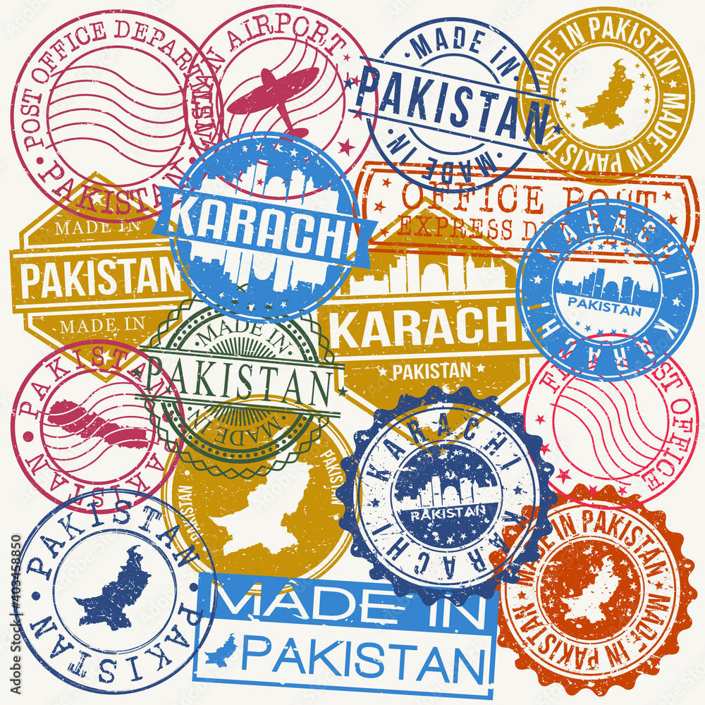 Karachi Pakistan Set of Stamps. Travel Stamp. Made In Product. Design Seals Old Style Insignia.