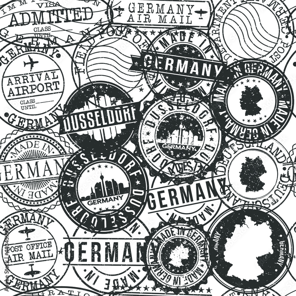 Fototapeta premium Dusseldorf Germany Stamps Background. City Stamp Vector Art. Postal Passport Travel. Design Set Pattern.