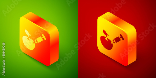 Isometric Genetically modified apple icon isolated on green and red background. GMO fruit. Syringe being injected to apple. Square button. Vector.