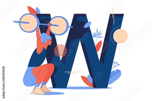 Capital letter W and young woman training with barbell isolated on white. Vector illustration about female weightlifting