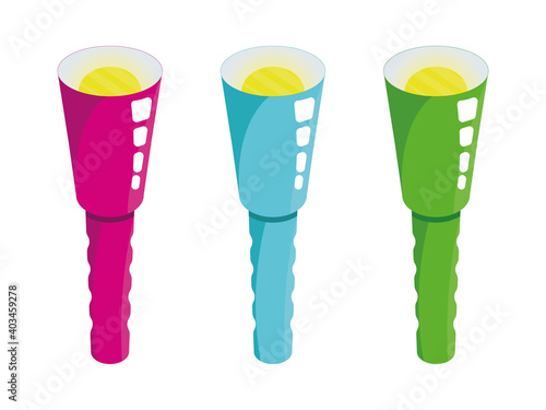 Set flashlight of various colors. modern flashlights. LED lanterns on white background.