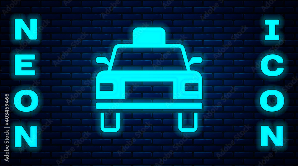 Glowing neon Taxi car icon isolated on brick wall background. Vector. Glowing neon Taxi car icon isolated on brick wall background. Vector.