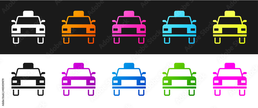Set Taxi car icon isolated on black and white background. Vector.