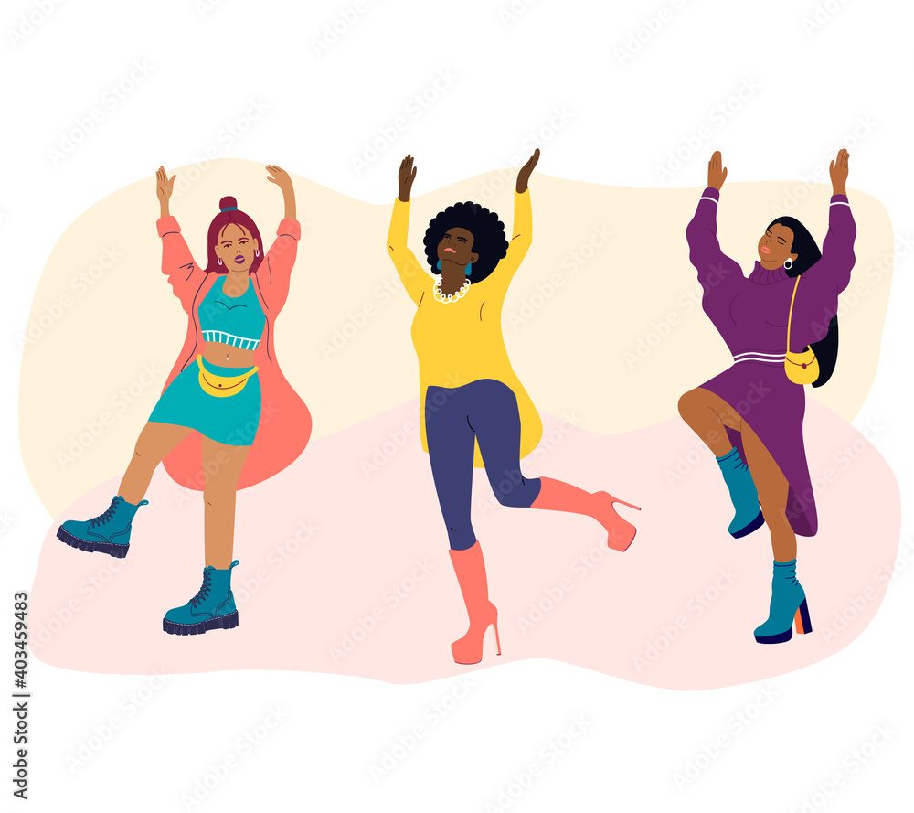 Fototapeta premium Young women of different nationalities dance. Girls in fashionable clothes have fun at a party.. International women day